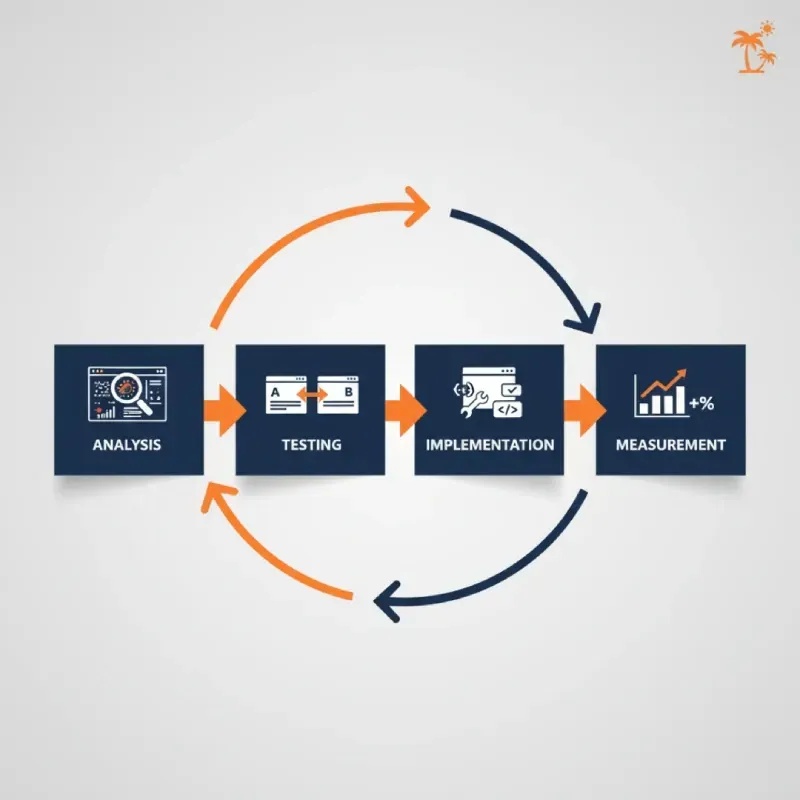 A circular process diagram illustrating the four key steps of Conversion Rate Optimization (CRO): Analysis, A/B Testing, Implementation, and Measurement. Arrows show the iterative cycle for continuous improvement.