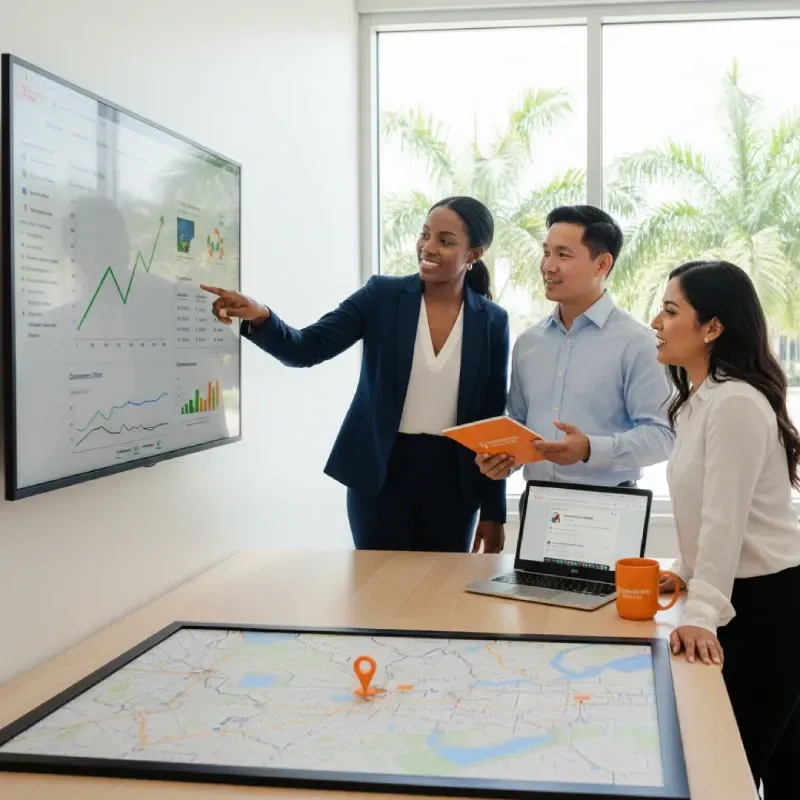 A team of three professionals (two women and one man) smiling and discussing a large screen displaying charts and graphs related to conversion rates and sales performance. They are collaborating on a Conversion Rate Optimization strategy in a bright, modern office.