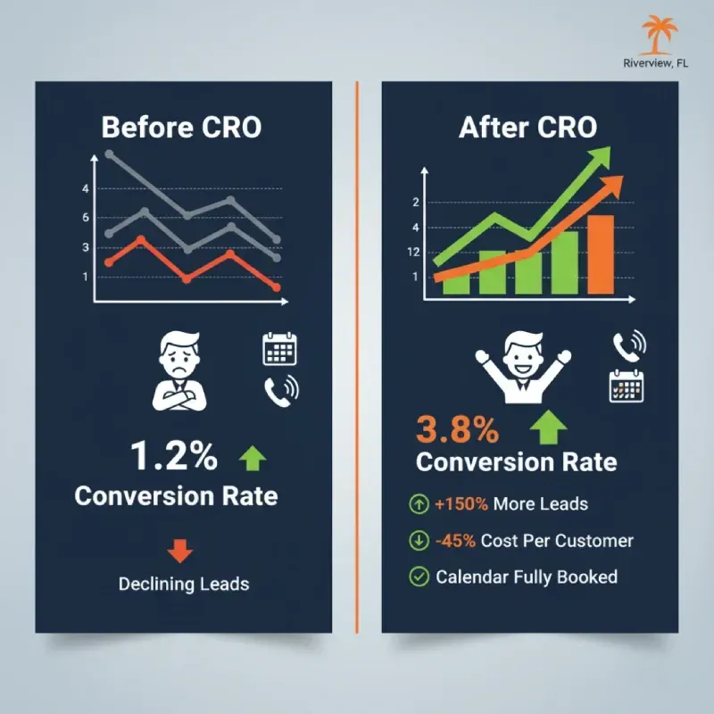 A side-by-side comparison showing "Before CRO" with a low 1.2% Conversion Rate and "Declining Leads," next to "After CRO" with a high 3.8% Conversion Rate, +150% More Leads, -45% Cost Per Customer, and a Calendar Fully Booked. The charts clearly illustrate the positive impact of Conversion Rate Optimization.