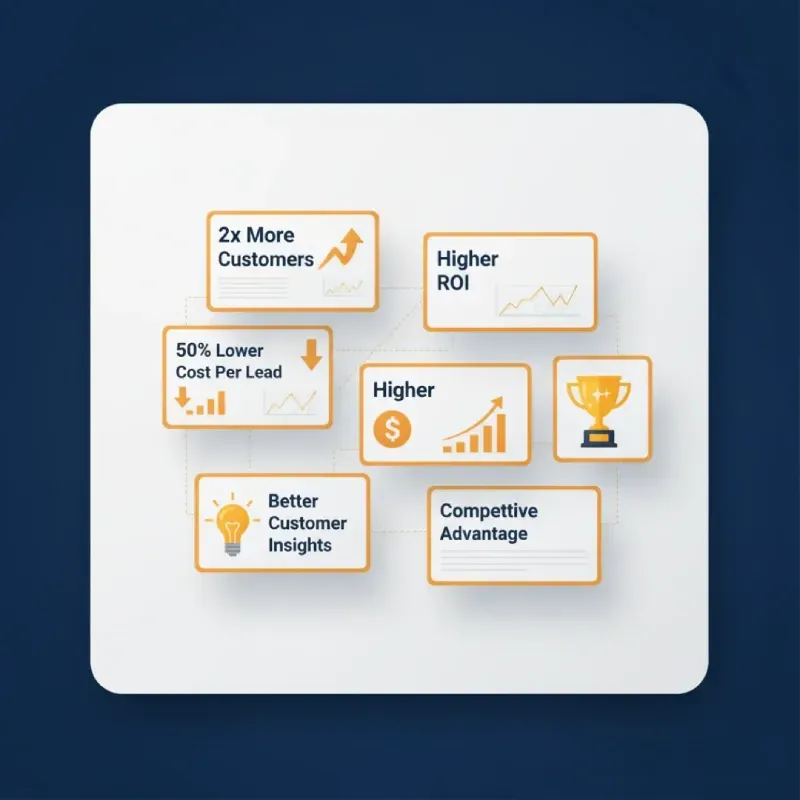 An infographic highlighting the main benefits of optimization: 2x More Customers, 50% Lower Cost Per Lead, Higher ROI, Higher $ chart, Better Customer Insights, and a Competitive Advantage, all related to improving conversion rates.