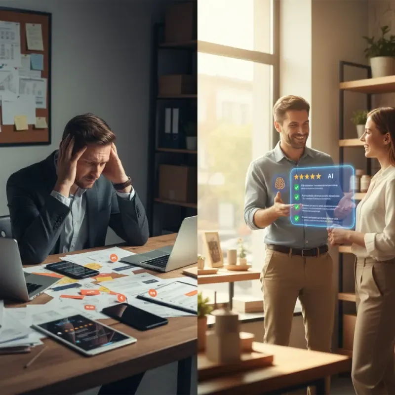A split image contrasting a stressed businessman overwhelmed with paperwork and phones on the left, with a smiling, relaxed businessman on the right using a holographic AI tool to manage five-star customer reviews, symbolizing the relief of automation.