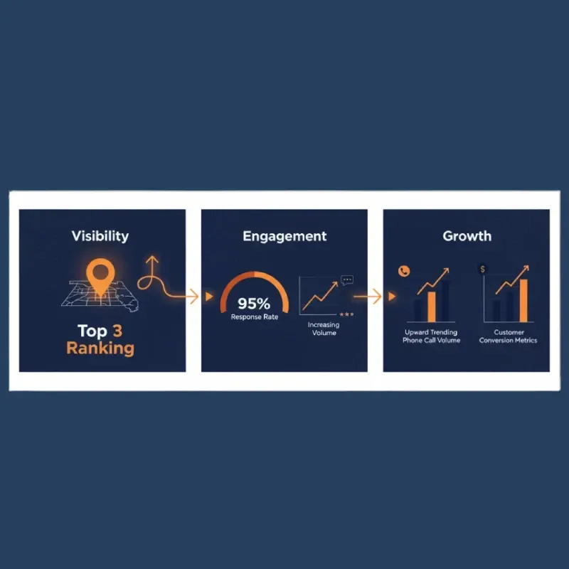A three-step flow chart showing the results of effective review management: Visibility leading to Top 3 Ranking in local search, which drives Engagement (95% Response Rate, Increasing Volume), ultimately leading to Growth (Upward Trending Phone Call Volume and Customer Conversion Metrics).