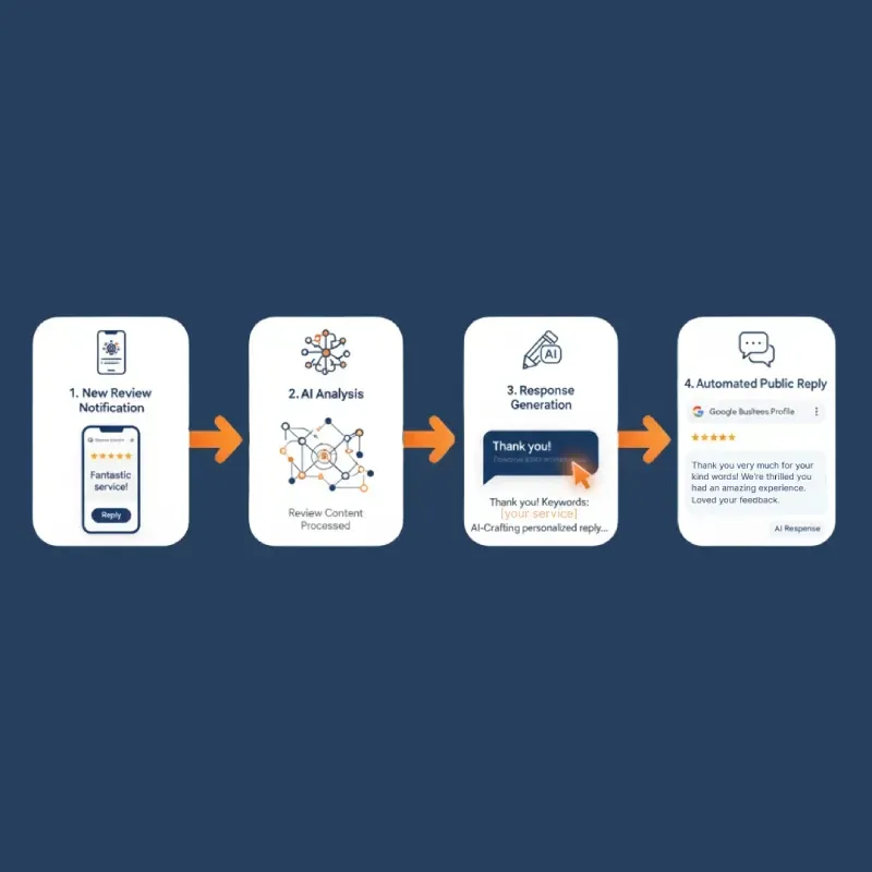 A four-step flow diagram illustrating the AI-powered automated response process for customer reviews: 1. New Review Notification, 2. AI Analysis (Review Content Processed), 3. Response Generation (AI-Crafting personalized reply), and 4. Automated Public Reply on the Google Business Profile.
