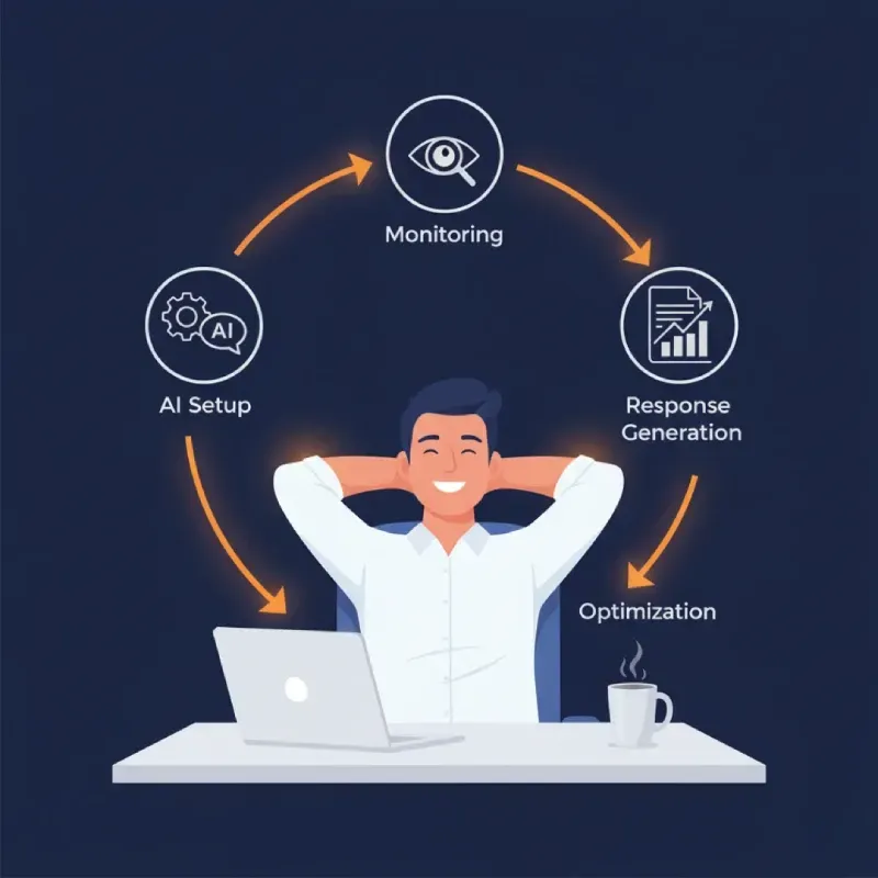 A graphic showing a relaxed business owner sitting back at a desk with a laptop, while a circular process flows around him: AI Setup, Monitoring, Response Generation, and Optimization. This illustrates the efficiency of an automated AI review management cycle.