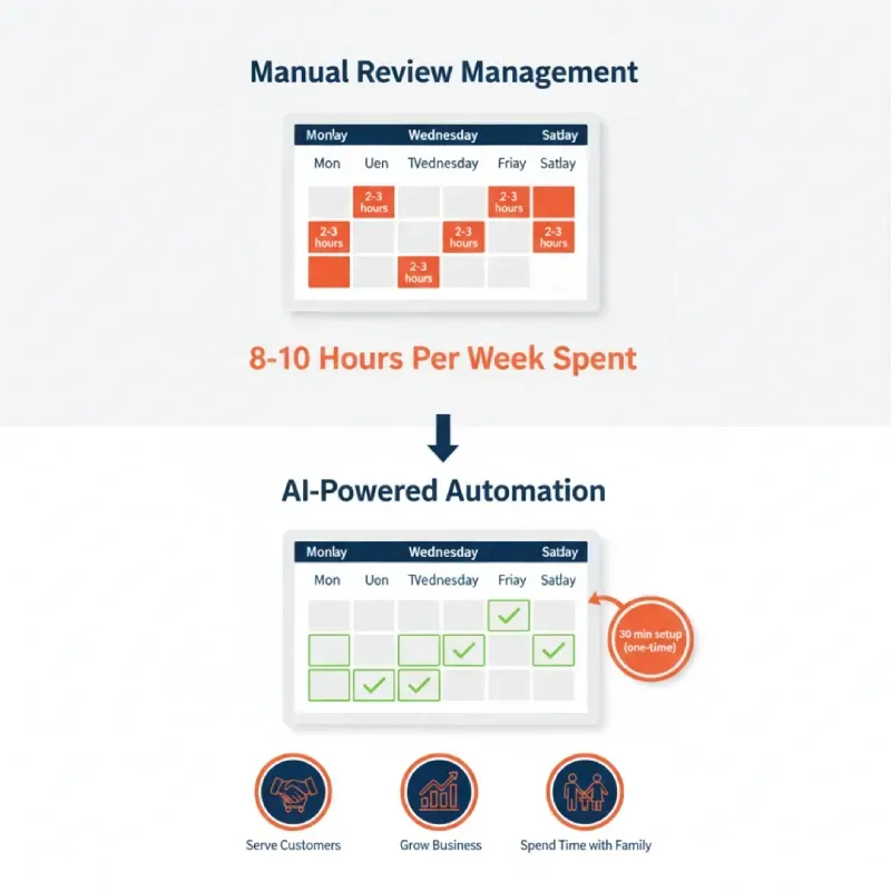 A productivity comparison showing Manual Review Management requiring 8-10 Hours Per Week Spent, contrasted with AI-Powered Automation which requires only a one-time 30-minute setup, freeing up time to Serve Customers, Grow Business, and Spend Time with Family.