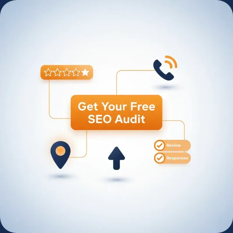 A graphic offering a "Get Your Free SEO Audit" based on key factors like review ratings, responses, phone calls, and map visibility, indicating a consultation service for local search optimization.