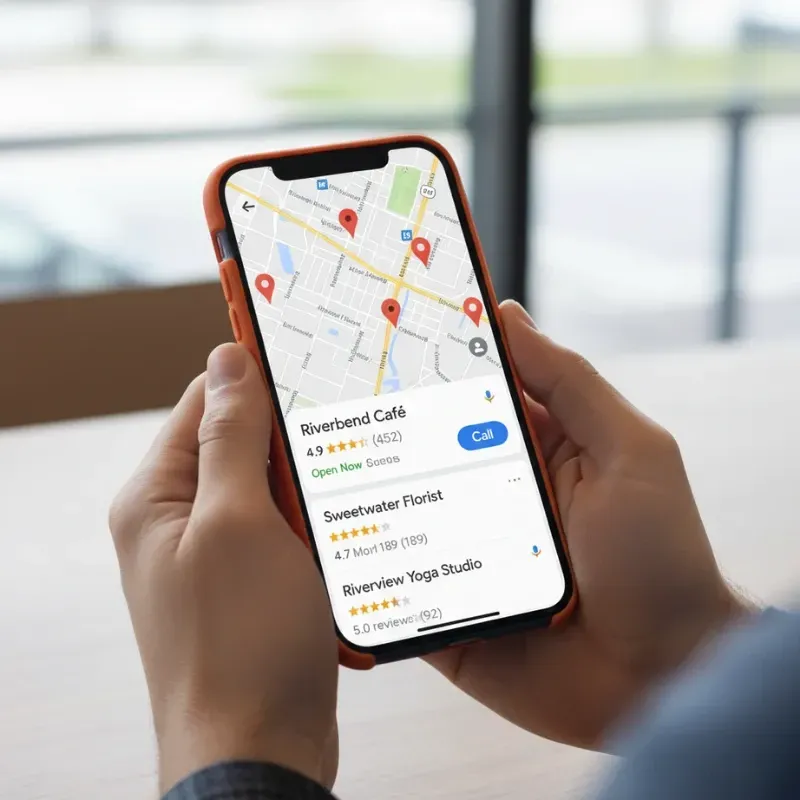 A smartphone displaying a Google Maps search result with several local businesses pinned, including Riverbend Cafรฉ with a 4.9-star rating. This illustrates successful local search engine optimization (SEO) and map visibility for small businesses.