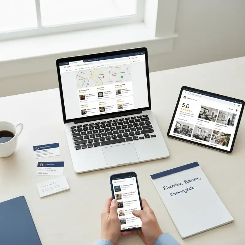 A clean desk setup with a laptop and tablet displaying local search results, map data, and customer reviews. A notepad is labeled "Riverview, Brandon, Bloomingdale," indicating a focus on local SEO and reputation management across multiple Tampa Bay area neighborhoods.