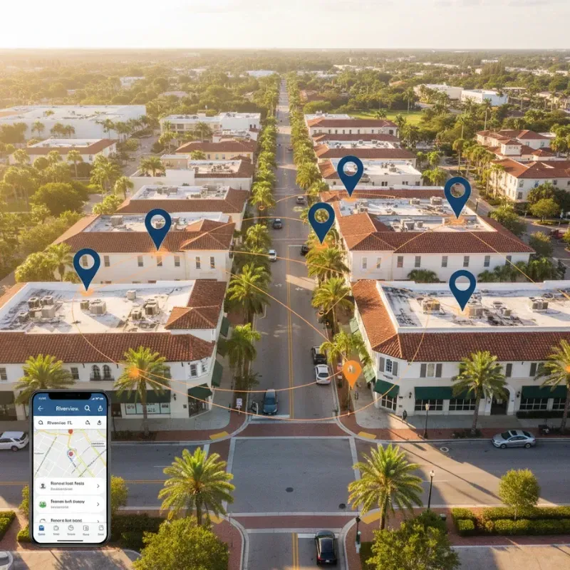 An aerial view of a busy street with commercial buildings overlaid with map pins and connecting lines. A smartphone in the foreground shows a local map search, symbolizing comprehensive local SEO efforts to secure map visibility and drive customer traffic in areas like Riverview, FL.