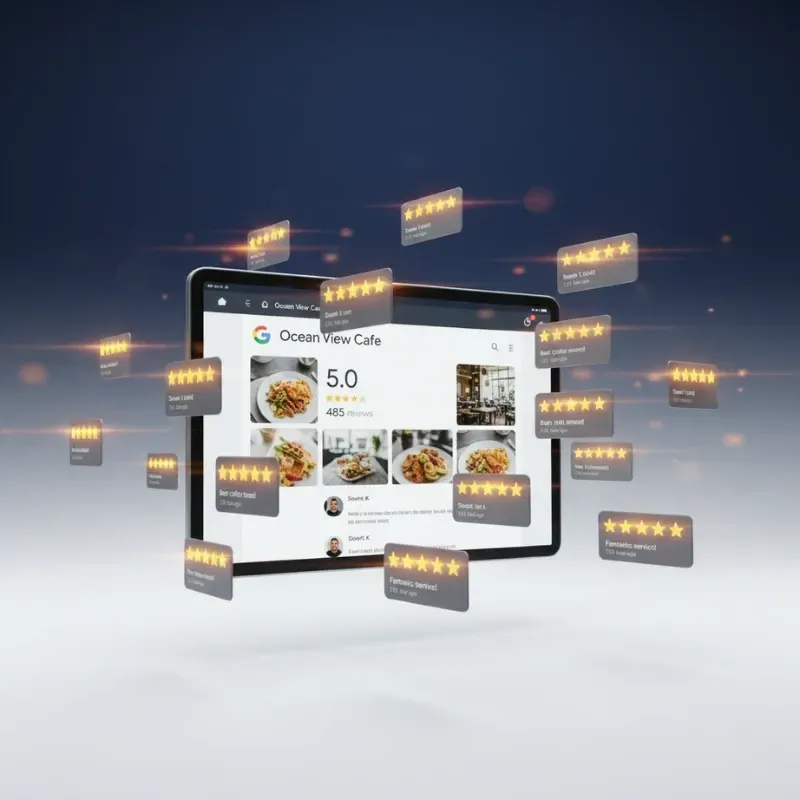 A tablet showing a Google Business Profile for "Ocean View Cafe" with a perfect 5.0-star rating and 485 reviews. Multiple floating 5-star review cards surround the tablet, emphasizing the importance of strong online reputation management and high ratings for local search.