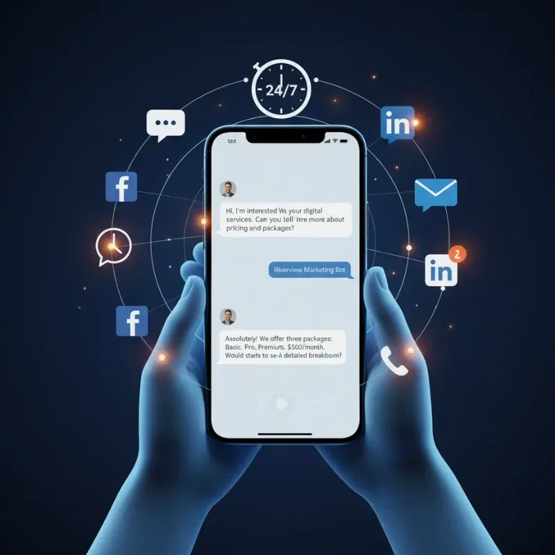 Hands holding a smartphone displaying a chat conversation handled by a Riverview Marketing Bot. The chat shows an inquiry about digital services being answered instantly, highlighting the use of 24/7 AI chatbots for immediate customer engagement across social media platforms like Facebook and LinkedIn.