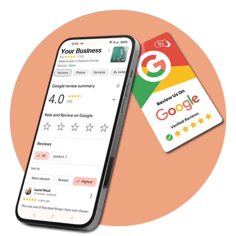 A composite image set against an orange-pink circular background. A modern smartphone is angled, displaying a Google Business Profile page for "Your Business," which is a "Medical spa" with a 4.0-star rating based on 12 reviews. Next to the phone is a physical Google review card featuring the colorful 'G' logo and the call-to-action "Review Us On Google." The image illustrates how the physical card can lead a customer to the business's online review page.