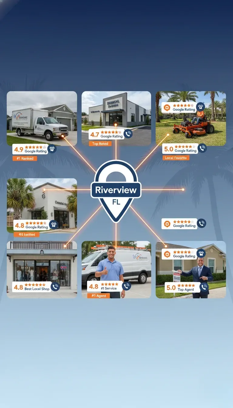 An infographic showing a central map pin for Riverview, FL, connected by lines to seven different local businesses. Each business is represented by a photo, a Google Rating (ranging from 4.7 to 5.0 stars), and a title like "#1 Ranked," "Top Rated," "Local Favorite," or "#1 Service." The businesses include a moving truck, a medical building, a landscaping service, an agent, and several storefronts.