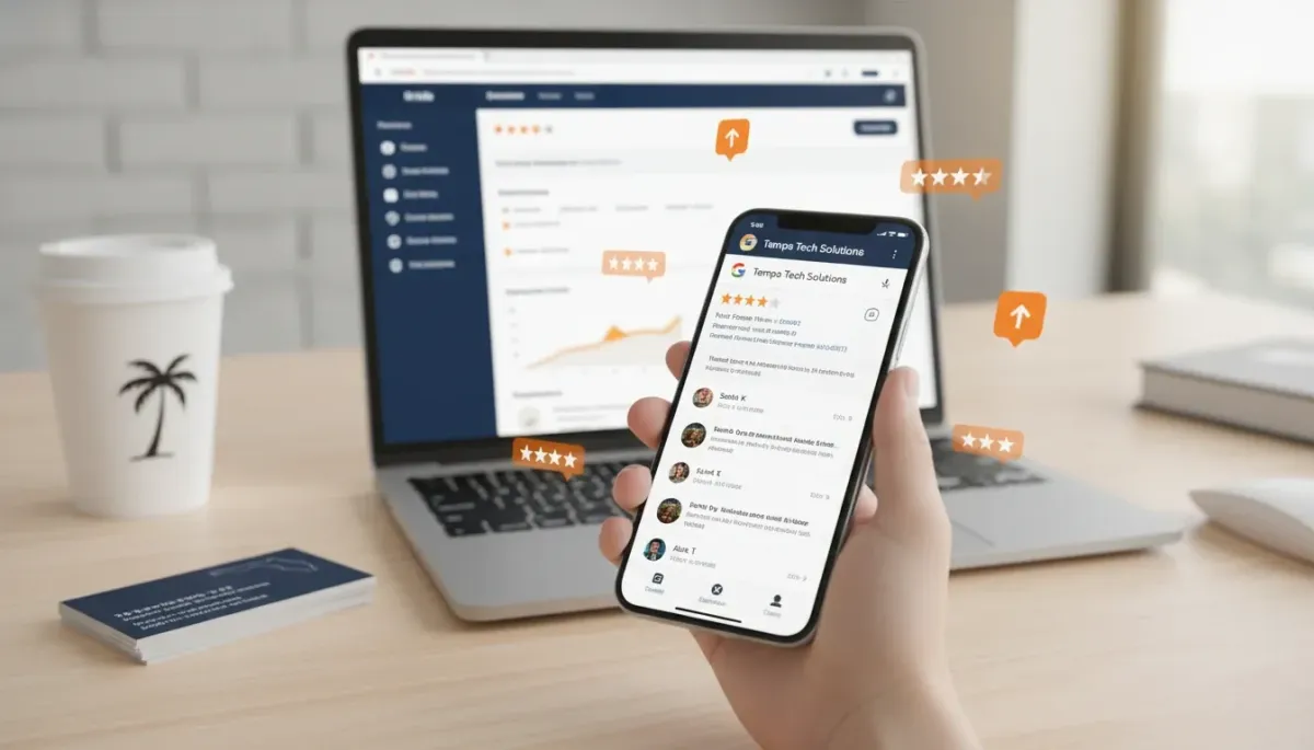 A person holding a smartphone displaying the Google reviews for a company called "Tempo Tech Solutions." In the background, a laptop screen shows a dashboard with performance data and more star ratings. Coffee, a business card, and a tropical palm shadow are also visible on the desk.