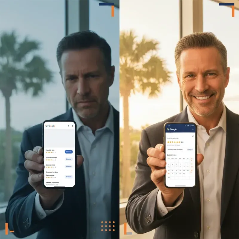 A split image showing the same man. On the left (before), he looks serious while holding a phone displaying low Google search results for services. On the right (after), he is smiling and holding the same phone, now displaying a high 5-star rating and a calendar booking interface. This suggests an improvement in his business's online presence.