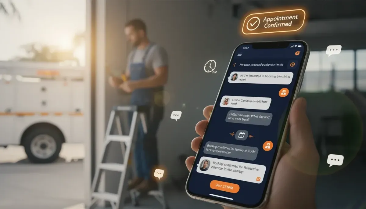 A close-up shot of a hand holding a smartphone displaying a chat conversation where a service appointment for plumbing repair has been Confirmed. In the background, a repairman is working on a ladder near a white service truck. The chat shows the booking details, including the time and date.