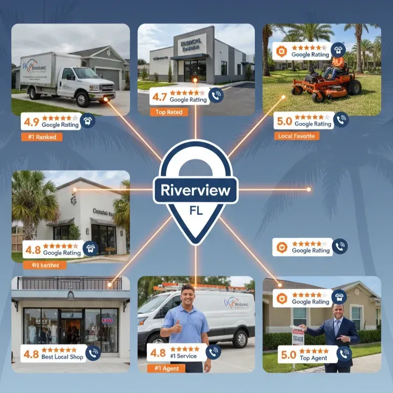 An infographic showing a central map pin for Riverview, FL, connected by lines to seven different local businesses. Each business is represented by a photo, a Google Rating (ranging from 4.7 to 5.0 stars), and a title like "#1 Ranked," "Top Rated," "Local Favorite," or "#1 Service." The businesses include a moving truck, a medical building, a landscaping service, an agent, and several storefronts.