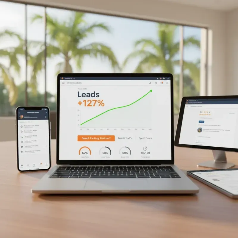A laptop and surrounding devices (smartphone, tablet) displaying a performance dashboard. The main screen shows a graph with "Leads +127%" and metrics below for Search Ranking, Mobile Traffic, and a Speed Score of 95/100.
