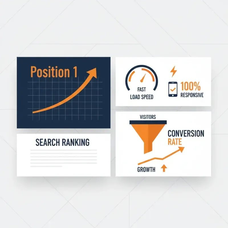A four-panel graphic illustrating essential performance metrics. The panels show: Search Ranking with an upward trending line to "Position 1," Fast Load Speed and 100% Responsive design, and a conversion funnel showing visitor Growth leading to an increased Conversion Rate.