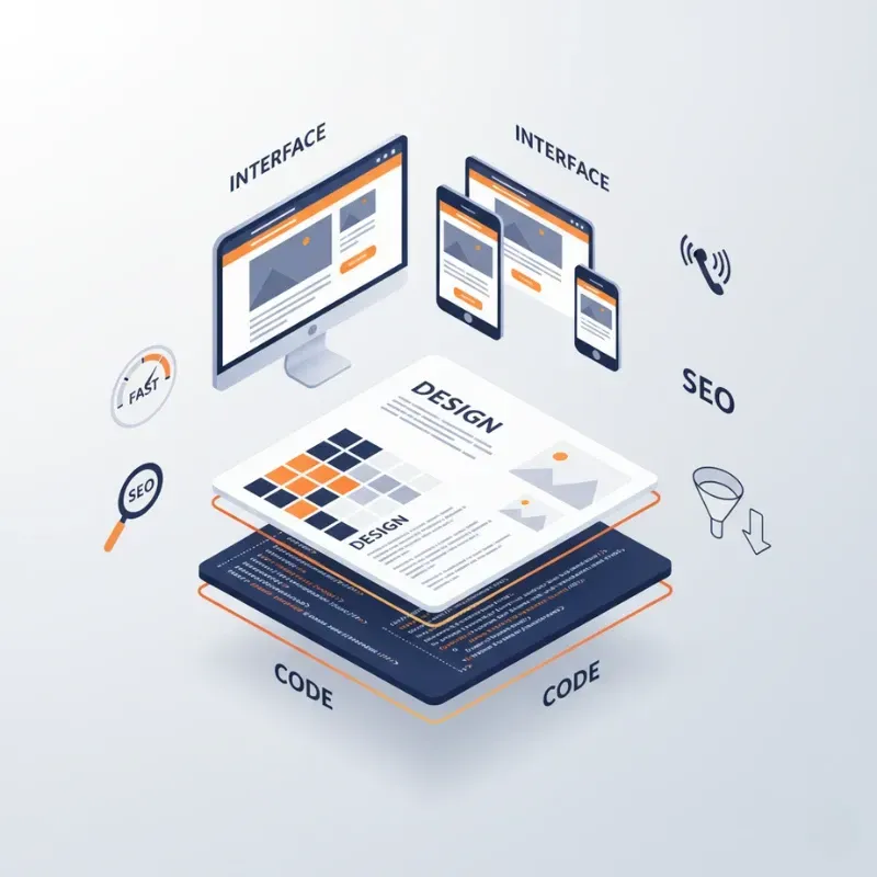An isometric diagram illustrating the layered components of web design and development. The layers shown are Interface (desktop and mobile screens), Design (blueprint, color swatches), and Code (dark blue code blocks). Supporting elements like SEO, Fast speed, and a funnel are also included.