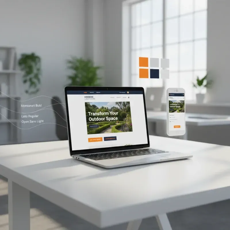A laptop and smartphone displaying a website with the title "Transform Your Outdoor Space." The image highlights design specifications, including a color palette (orange, white, dark blue) and font names: Montserrat Bold, Lato Regular, and Open Sans Light.
