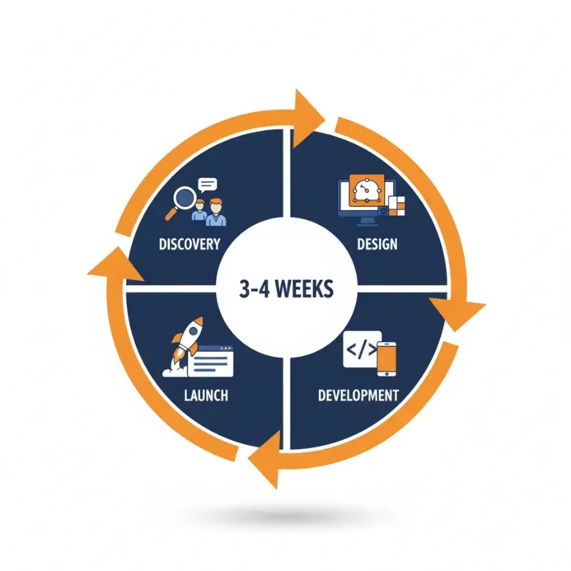 An orange and blue circular diagram showing a four-step web development process with a "3-4 WEEKS" center label. The steps are Discovery (magnifying glass, people), Design (computer monitor), Development (code tag, phone), and Launch (rocket, website). This illustrates the project lifecycle.