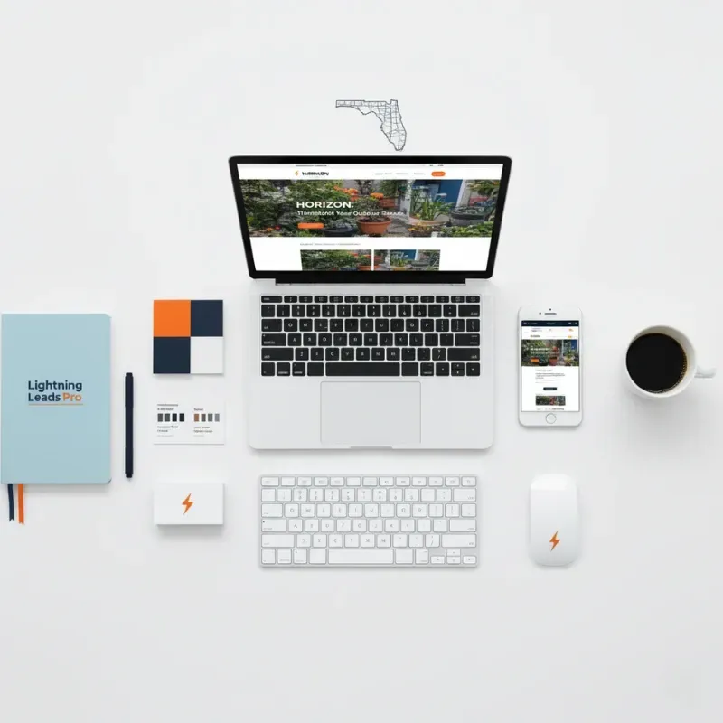 A top-down view of a MacBook displaying a website next to a keyboard, mouse, coffee cup, notebook labeled "Lightning Leads Pro," and branding materials (business card, color palette). A stylized outline of the state of Florida is sketched above the laptop.