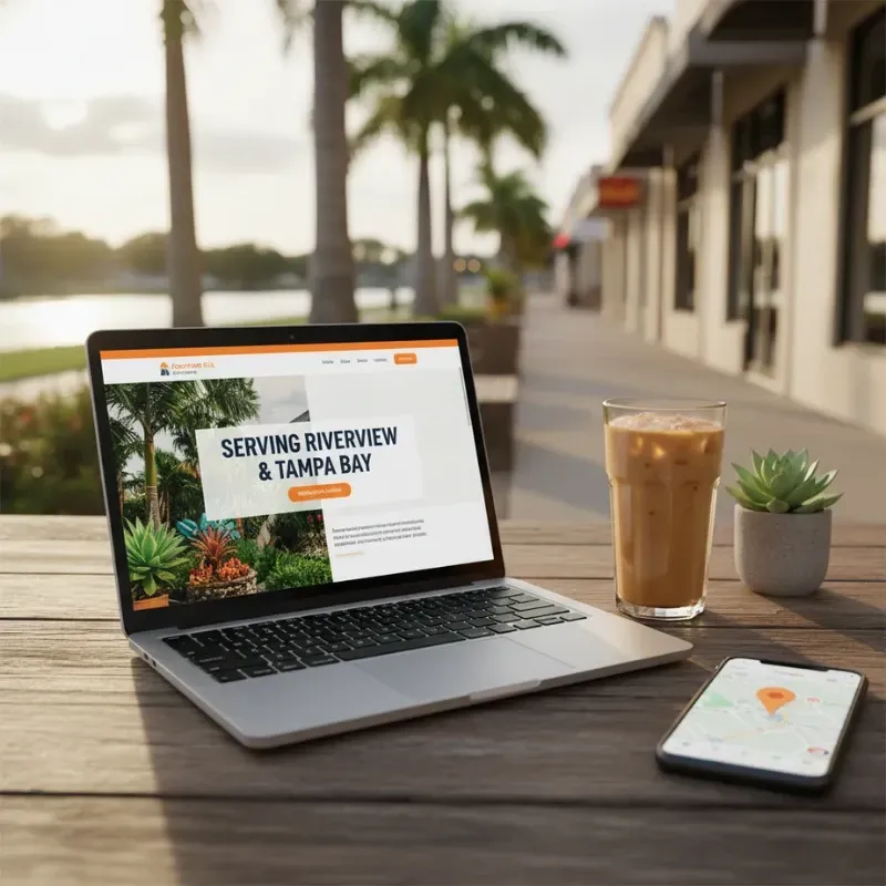 A laptop displaying a website for a business "Serving Riverview & Tampa Bay" placed on an outdoor wooden table alongside an iced coffee and a smartphone with a location pin on its screen. Palm trees and a storefront are visible in the background.