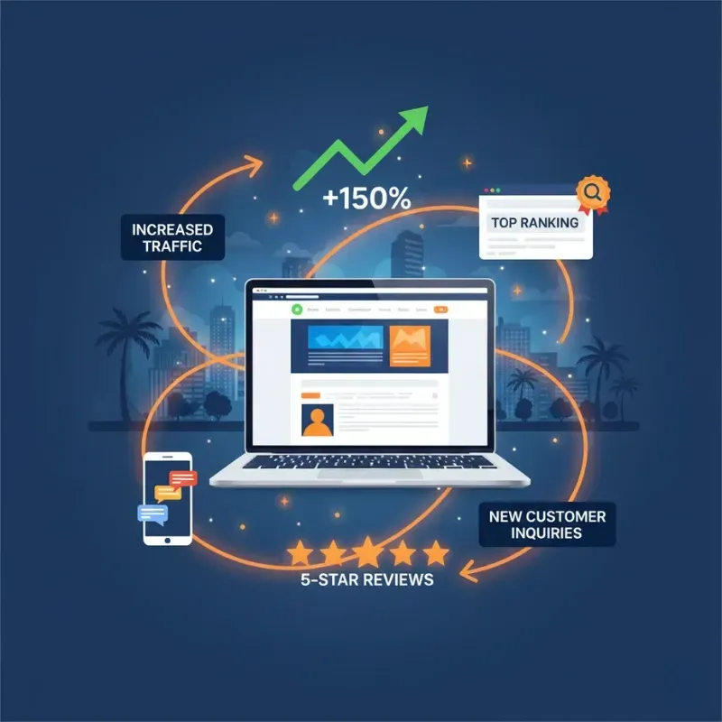 An illustration showing a laptop at the center of an optimization flow. The flow indicates a +150% growth and links increased traffic to a Top Ranking, which leads to New Customer Inquiries and 5-Star Reviews (shown below the laptop).