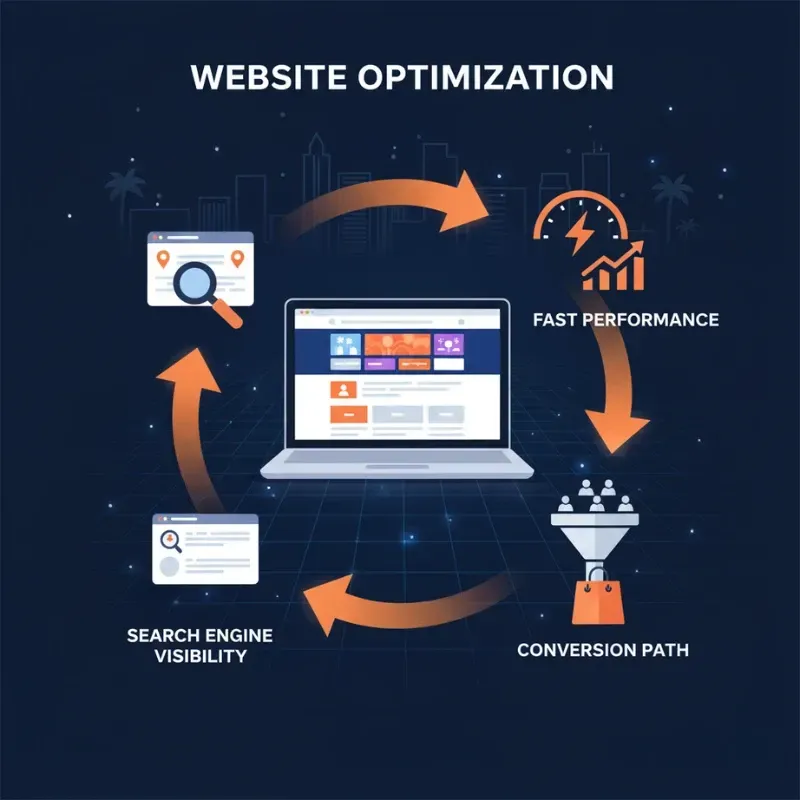 An illustration of the Website Optimization cycle. A central website image is surrounded by four steps in a loop: Fast Performance, Conversion Path (funnel with shoppers), Search Engine Visibility, and Website Search/Analysis.