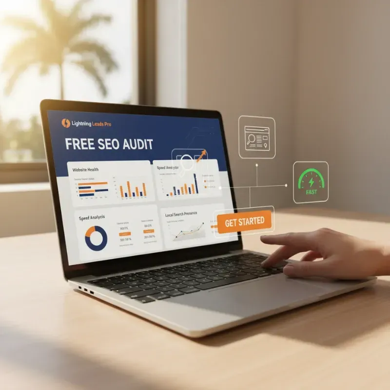 A close-up shot of a hand clicking a "GET STARTED" button on a laptop screen displaying a "FREE SEO AUDIT" dashboard. The screen shows charts for Website Health, Speed Analysis, Speed Analyzer, and Local Search Presence. Icon overlays emphasize an SEO report and FAST performance.