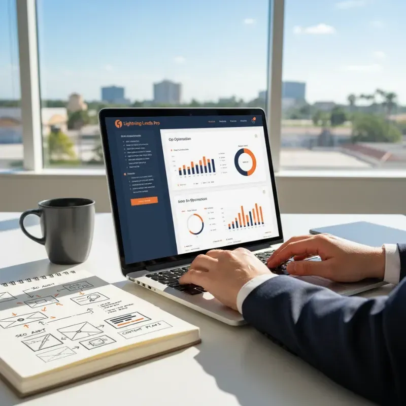 A professional in a suit jacket is actively typing on a laptop displaying a website optimization dashboard with charts for SEO Optimization and Local SEO. The laptop sits on a white desk next to a coffee mug and a notebook containing hand-drawn flowcharts for SEO audit and content plans.