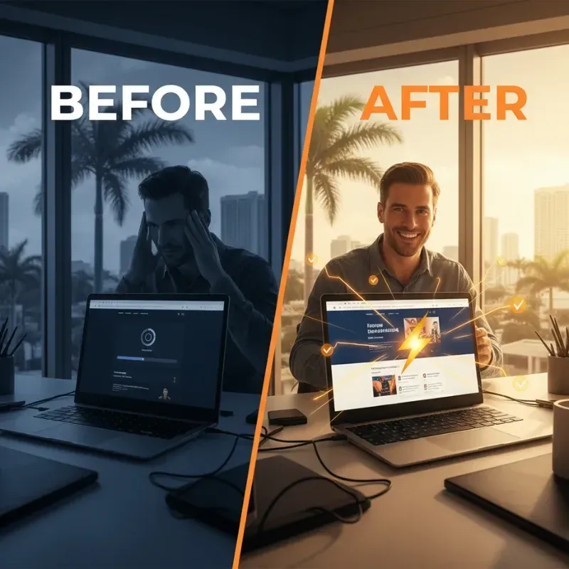 A vertically split image showing the difference between a frustrating business problem and a successful solution. The BEFORE side (dark, blue-toned) shows a distressed man holding his head next to a laptop displaying a slow loading screen. The AFTER side (bright, orange-toned) shows the same man smiling confidently, holding a laptop displaying a fast, optimized website with a lightning bolt icon.