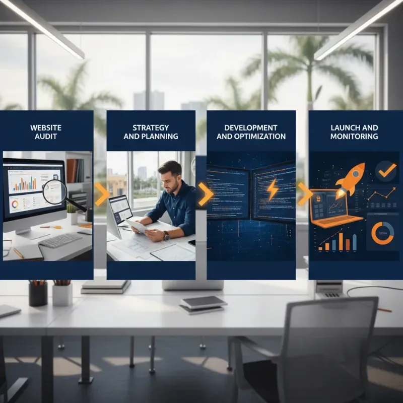 A sequence of four business images illustrating the digital service process: 1. Website Audit (magnifying glass on a computer screen), 2. Strategy and Planning (person working on a laptop), 3. Development and Optimization (programmer with dual monitors showing code and a lightning bolt), and 4. Launch and Monitoring (laptop with a rocket icon and performance charts).
