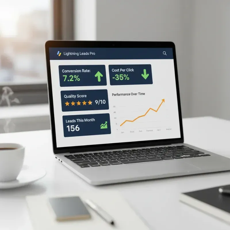A laptop displaying a performance dashboard with key metrics: Conversion Rate: 7.2% (up arrow), Cost Per Click: -35% (down arrow), Quality Score: 9/10 (star rating), and Leads This Month: 156. A chart shows Performance Over Time with an upward trend.