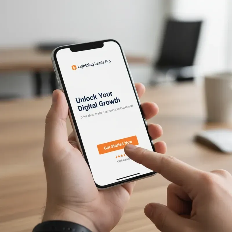 A close-up of a hand holding a smartphone and tapping the "Get Started Now" call-to-action button on a landing page. The page features the headline "Unlock Your Digital Growth" and shows a 4.9/5 Rating with stars below the button.