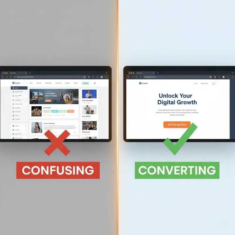 A side-by-side comparison of two web interfaces. The left side is marked with a red 'X' and the word "CONFUSING," showing a cluttered, content-heavy web layout. The right side is marked with a green checkmark and the word "CONVERTING," showing a clean, focused landing page with the headline "Unlock Your Digital Growth."