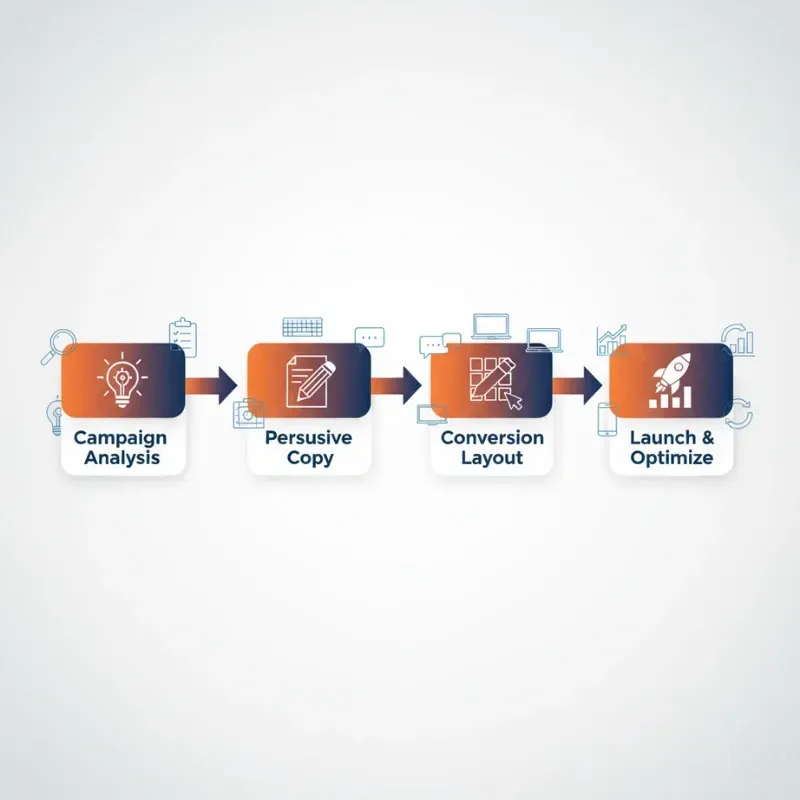 A horizontal flow chart illustrating a four-step optimization process using orange and dark blue icons: 1. Campaign Analysis (lightbulb/search), 2. Persuasive Copy (pencil/document), 3. Conversion Layout (web interface), and 4. Launch & Optimize (rocket/chart).