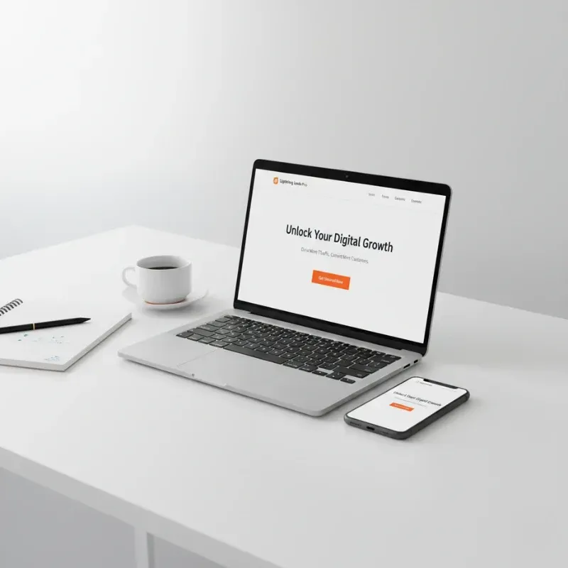 A laptop and a smartphone sitting on a clean white desk next to a notebook and coffee cup. Both devices display the same simple landing page with the headline: "Unlock Your Digital Growth," and a clear call-to-action button, illustrating a clean, responsive design.