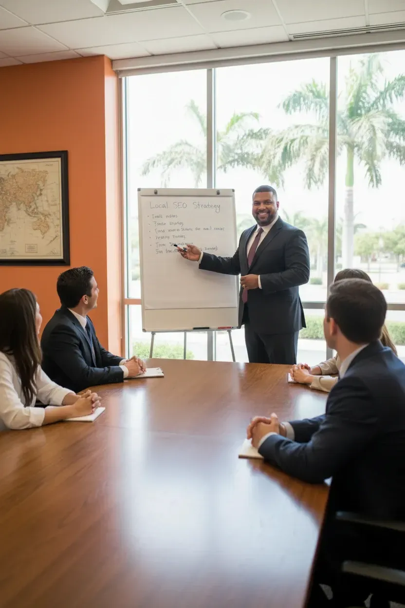 A smiling man in a suit is giving a presentation in a sunlit conference room, pointing to a whiteboard titled "Local SEO Strategy." Four attendees are seated at the large wooden table, watching the presentation. Palm trees are visible through the large windows behind the presenter.