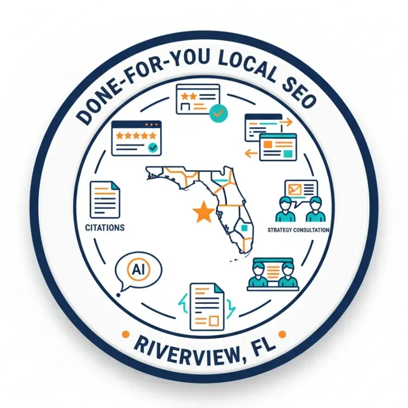 A circular badge or logo proclaiming "DONE-FOR-YOU LOCAL SEO - RIVERVIEW, FL." The interior features an outline of the state of Florida, surrounded by icons representing key services: Citations, 5-star Reviews, Strategy Consultation, and AI features.