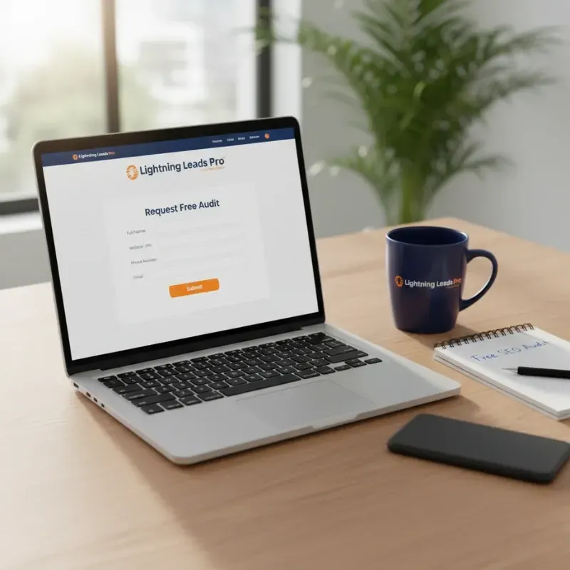 A laptop on a wooden desk displays a form to "Request Free Audit" for Lightning Leads Pro. Next to the laptop are a blue branded coffee mug and a notepad with the handwritten title "Free SEO Audit," emphasizing a focus on lead generation and optimization services.