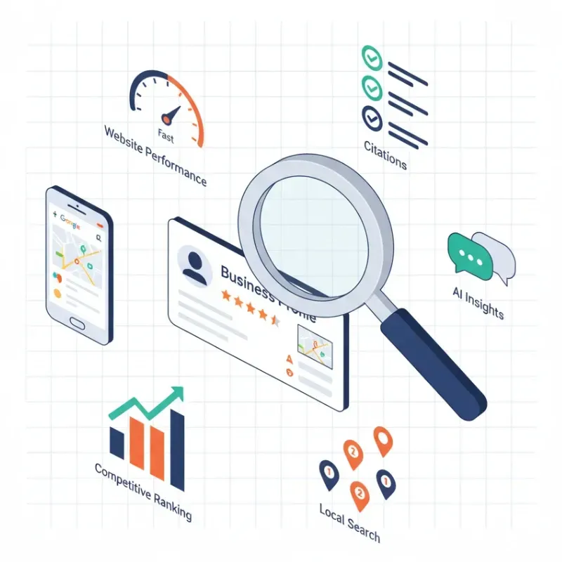 An isometric illustration centered on a large magnifying glass hovering over a Business Profile card with a 5-star rating. Surrounding elements represent key Local SEO factors: Website Performance (speedometer), Citations (checked lists), AI Insights (chat bubble), Competitive Ranking (bar chart), Local Search (map pins), and a smartphone showing Google Maps results.