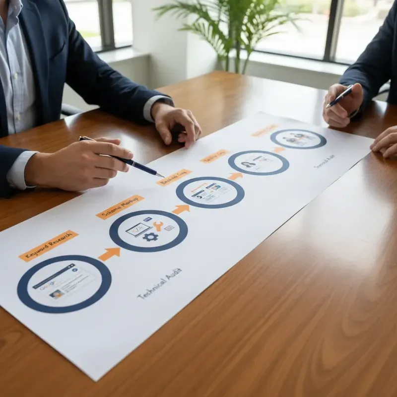 A close-up of two people in a business meeting pointing at and discussing a large printout of a digital marketing roadmap spread on a wooden table. The roadmap details steps like Keyword Research, Schema Markup, Backlinks, and Technical Audit along an arrowed flow.