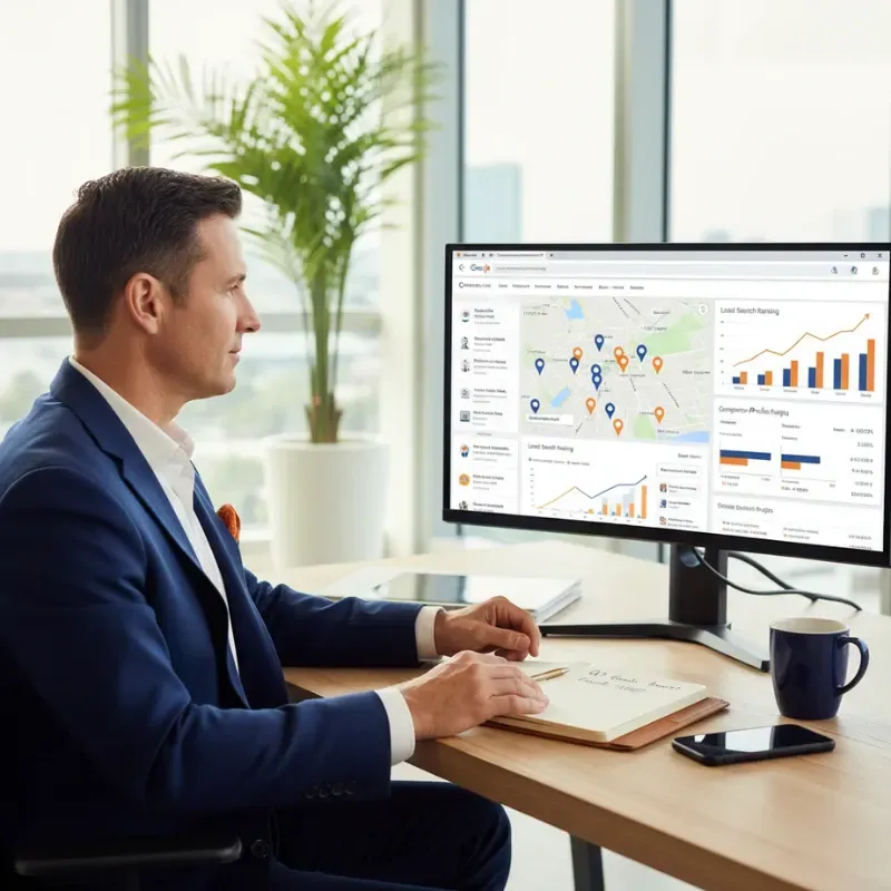 A man in a blue suit sits at a desk, looking intently at a large computer monitor displaying a Local Search Ranking dashboard. The dashboard features a map with location pins and multiple graphs showing local search performance and competitive analysis. A notebook and smartphone are on the desk beside him.