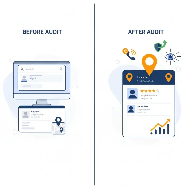 A side-by-side comparison illustrating the impact of an optimization audit. The BEFORE AUDIT side shows a generic, low-ranking search result and a basic profile. The AFTER AUDIT side shows an optimized Google Business Profile with a 5-star rating, customer reviews, a growing metrics chart, and icons highlighting protection (shield) and visibility (eye).