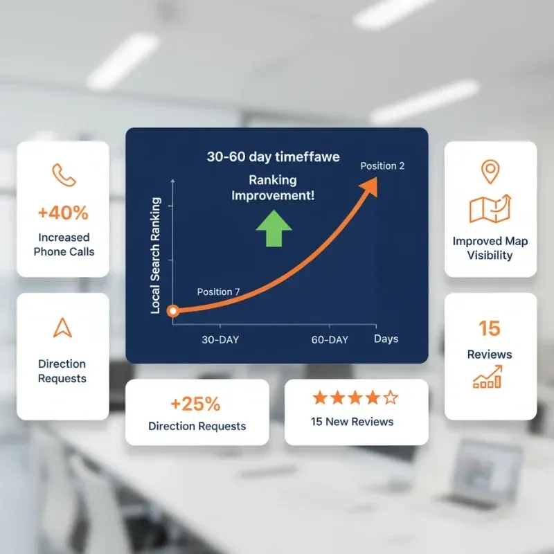 A chart illustrating the improvement of Local Search Ranking over 30-60 days, showing a curve rising from Position 7 to Position 2. Surrounding metrics highlight positive outcomes: +40% Increased Phone Calls, +25% Direction Requests, 15 New Reviews, and Improved Map Visibility.