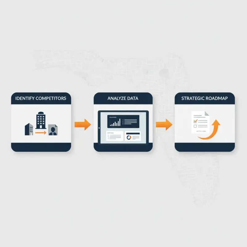 A linear process diagram displayed over an outline of the state of Florida. The three steps are: IDENTIFY COMPETITORS (buildings and profile icon), ANALYZE DATA (dashboard with charts), and STRATEGIC ROADMAP (document with checkmarks and an upward arrow).
