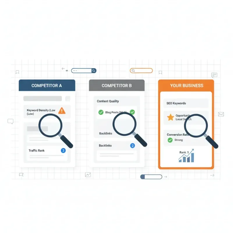 A three-panel analysis comparison. Competitor A has a warning sign for Low Keyword Density. Competitor B shows positive checks for Content Quality and Backlinks. Your Business panel highlights SEO Keywords, Local Search Opportunities, Strong Conversion Rate, and Rank 1 achievement on a chart.