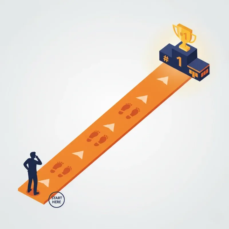 An isometric illustration of a clear path to success. A silhouetted person stands at the "START HERE" point, looking down a long, orange path marked with footsteps toward a final #1 podium and trophy.